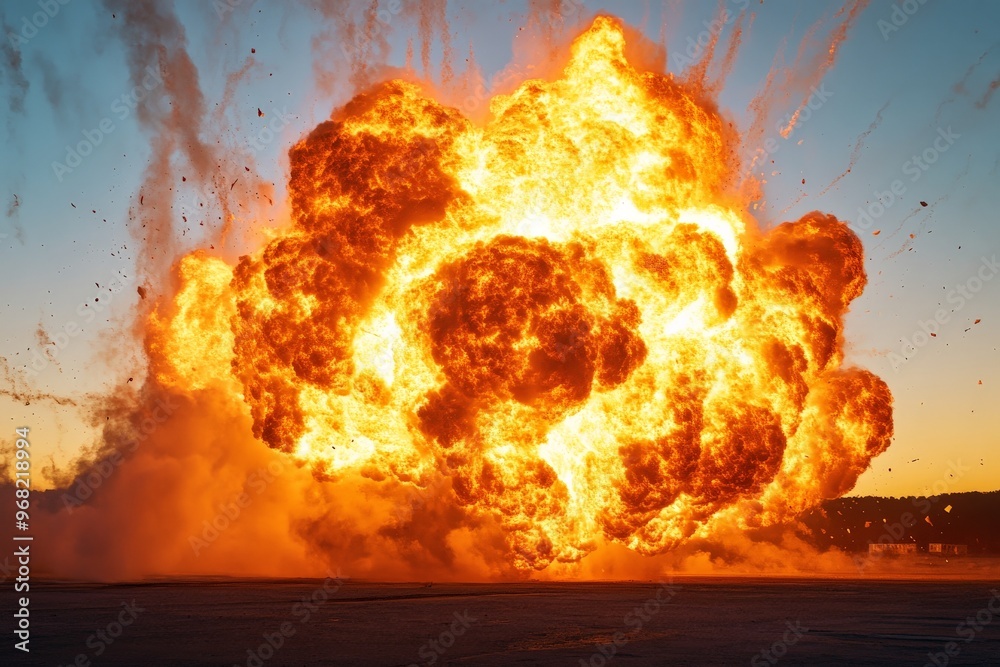 Poster a massive explosion occurs, engulfing the scene with intense orange and yellow flames, emitting a hi