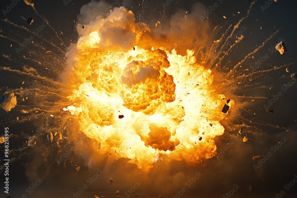 Poster an explosion with intense flames and flying debris, showcasing the raw power and energy of the blast