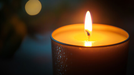 A candle is lit, its flame flickering. It's a decorative soy wax candle.