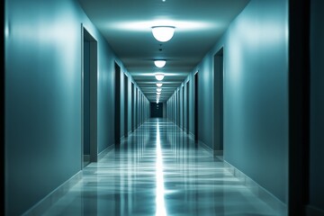 Obraz premium A long, symmetrical hallway with evenly spaced doors and a shining, polished floor, illuminated by ceiling lights, creating a sense of depth and endlessness.