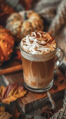 Cozy autumn scene with pumpkin spice latte and whipped cream. AI