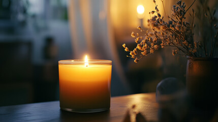 A candle is lit, its flame flickering. It's a decorative soy wax candle.