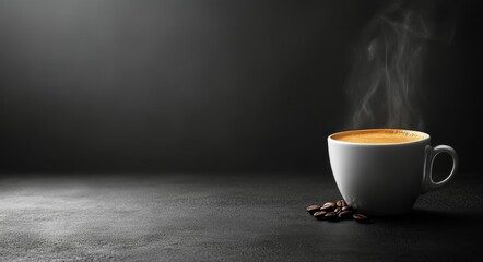 Steaming cup of coffee on a dark surface with a warm atmosphere in a cozy setting