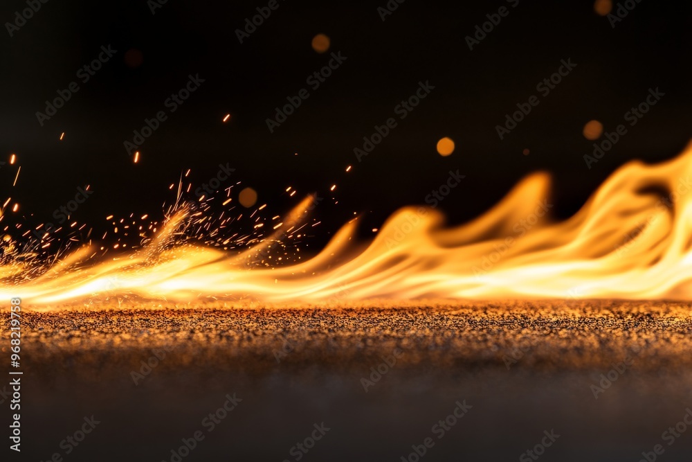 Poster this image captures a dramatic close-up of glowing flames dancing gracefully on a textured surface, 