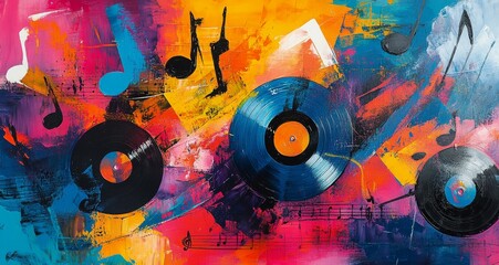 Colorful abstract mural featuring vibrant shapes and bold lines on a wooden surface