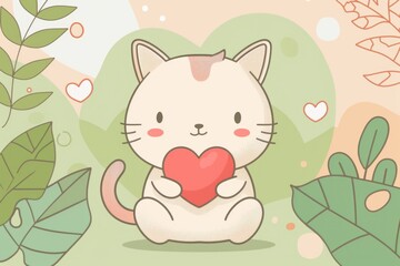 Cute cartoon cat with heart surrounded by leaves for valentine's day theme. AI