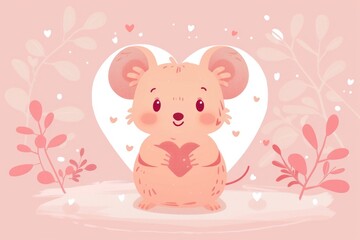 Cute valentine's day mouse holding heart with pink floral background. AI