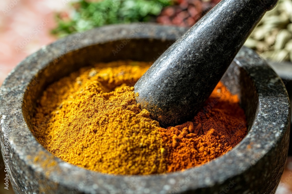Poster a detailed shot of a mortar filled with colorful spice powders, capturing the textures and richness 