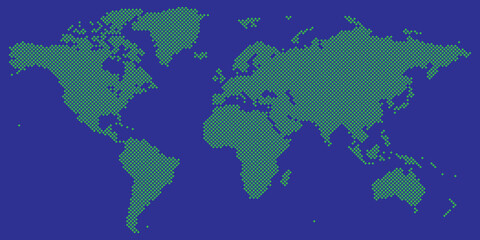 Tetragon world map vector green on blue