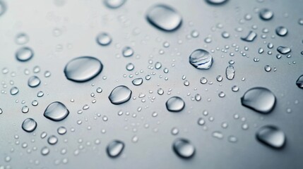 Close-up of water droplets on a smooth surface reflecting light on a clear day