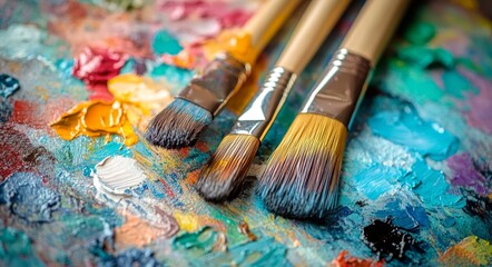 Fototapeta premium Colorful paint palette with assorted brushes arranged artistically on a vibrant background