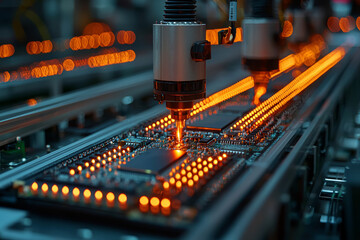 An electronics manufacturing facility with circuit board assembly and testing equipment, demonstrating high-tech production. Concept of electronics industry and innovation.