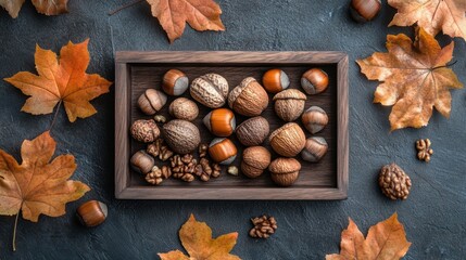 thanksgiving snack concept banner design with a wooden tray holding acorns and nuts for a minimalist look