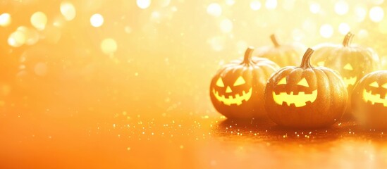 Halloween pumpkins with glowing faces on an orange background with blurred lights and copy space for design, a banner template Generative AI