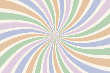 Retro radial backdrop in trendy pastel colors. Abstract horizontal vector background in 60s, 70s style. Funky twisted spiral illustration.