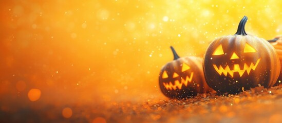 Halloween pumpkins with glowing faces on an orange background with blurred lights, a banner design Generative AI