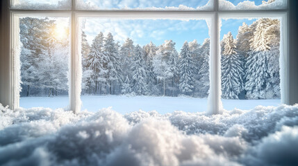 Frost patterns frame window, snowy forest, Christmas wallpaper, white winter background, nature, pine trees, New Year, beauty, landscape with snow, snowdrifts