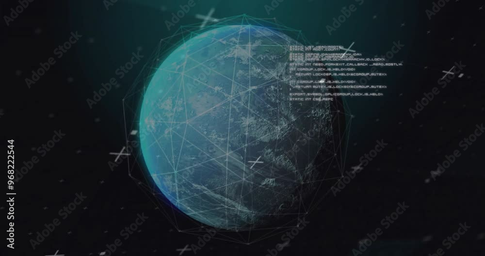 Poster animation of network of connections over globe and data processing