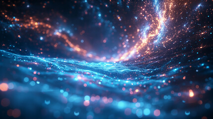 Fototapeta premium Abstract dynamic glowing tunnel on violet blue background. Futuristic abstraction of particles Or big data.