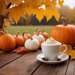 Spice pumpkin latte with whipped cream in white ceramic coffee cup. Outdoor concept with autumn decor: pumpkins and fall leaves. Fall banner with copy space for local town cafe promotion. 