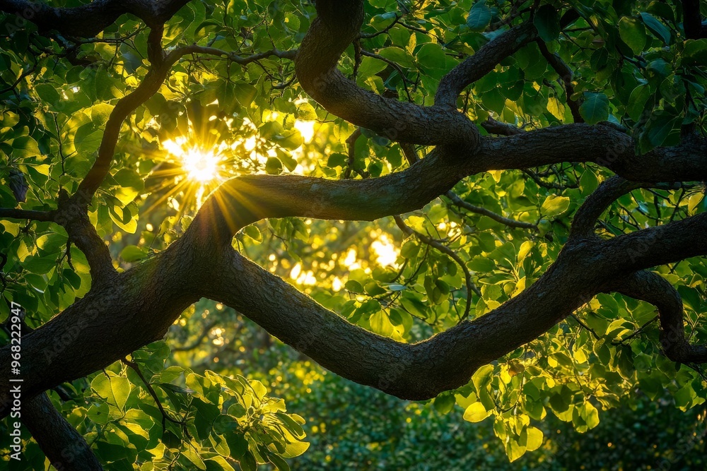 Poster radiant sunlight pierces through the dense canopy of a forest, casting a warm glow and creating a se