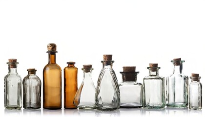 old empty glass apothecary bottles isolated against a white studio background with copy space. antique glassware used as decorative art piece. Transparent vintage containers to recycle or repurpose