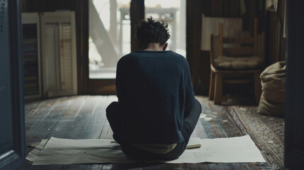 A solitary figure sits in a tranquil cabin, deep in thought on a handmade mat as morning light softly fills the space