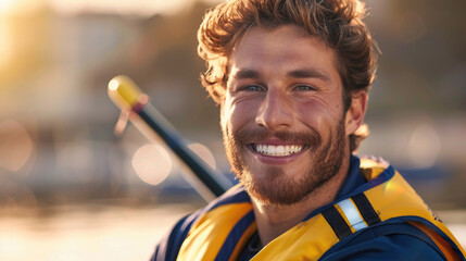 A cheerful young man wearing a bright life jacket smiles warmly while getting ready for a kayaking trip on a sunny day