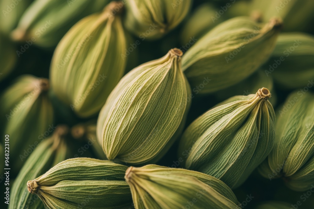 Poster this image features a macro photograph of green cardamom pods, highlighting their natural texture an