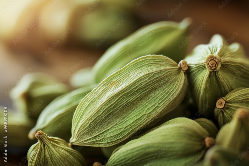 Poster this macro photograph captures the intricate details of green cardamom pods with a beautifully blurr