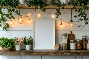 Rustic Kitchen Shelf Decor with White Frame and Hanging Lights