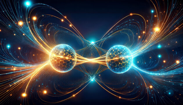 Artistic representation of two qubits, the basic unit of information in quantum computing, entangled and exchanging information