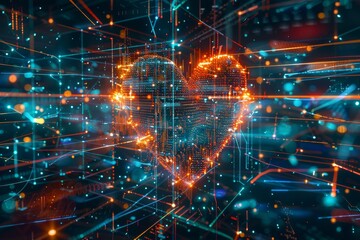 Obraz premium Futuristic abstract heart shape with digital technology elements, created using AI-generated