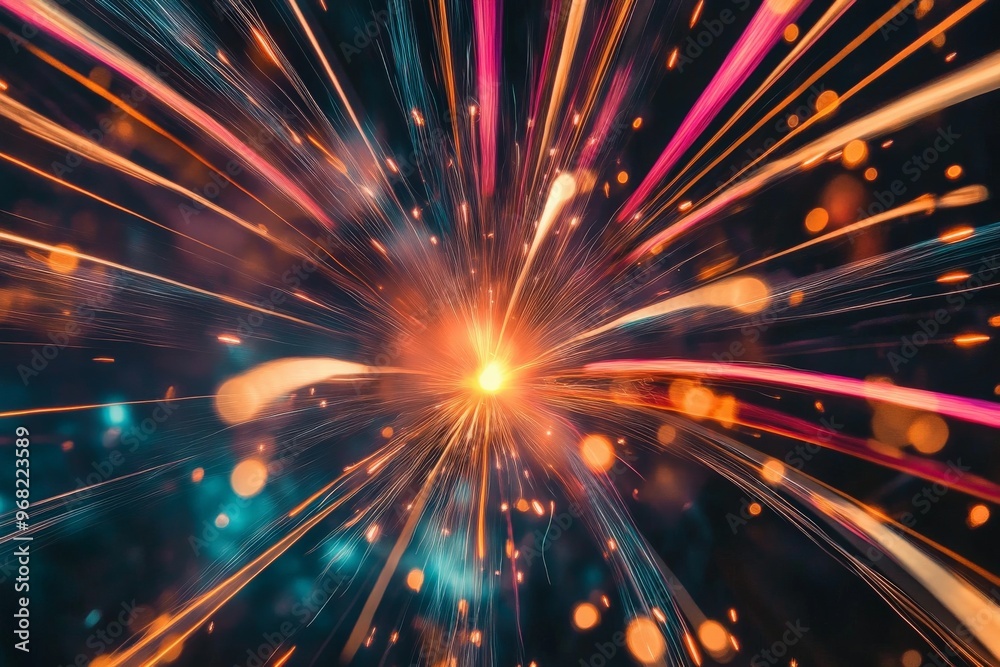 Aufkleber This image captures a bright and colorful explosion, creating an energetic and vibrant visual display with numerous light streaks and bokeh effects.