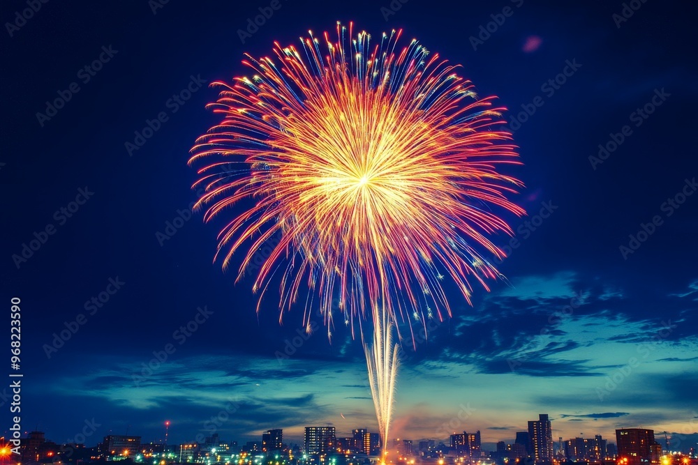 Poster a stunning large firework display illuminates the night sky above a cityscape, creating a dazzling s