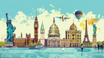 Obraz premium This artwork showcases famous global landmarks like the Statue of Liberty and the Eiffel Tower, celebrating cultural diversity and tourism