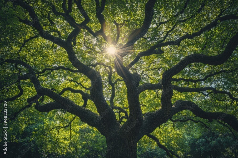Poster A majestic old tree with sprawling branches and lush green leaves, with sunlight filtering through, creates a mixed pattern of light and shadow in a peaceful setting.