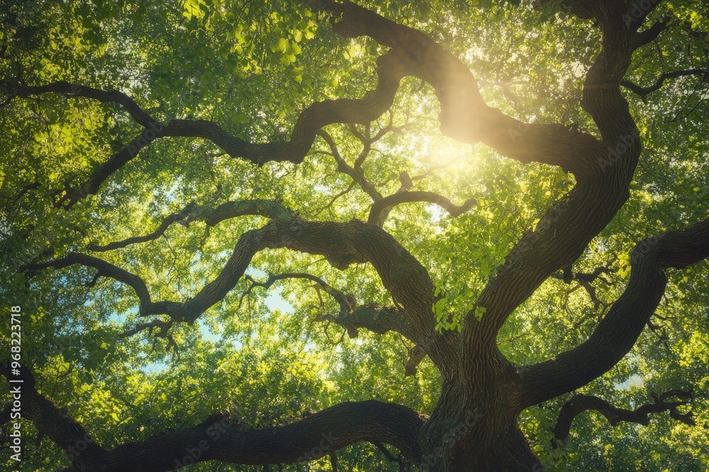 Poster An enchanted green tree with elaborately intertwined branches is illuminated by the gentle sunlight shining through, creating a serene and magical atmosphere.