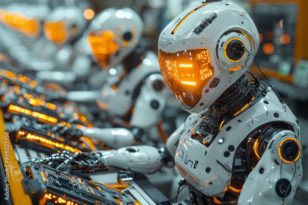 Poster a factory assembly line with robots assembling electronic devices, showcasing automation and manufac