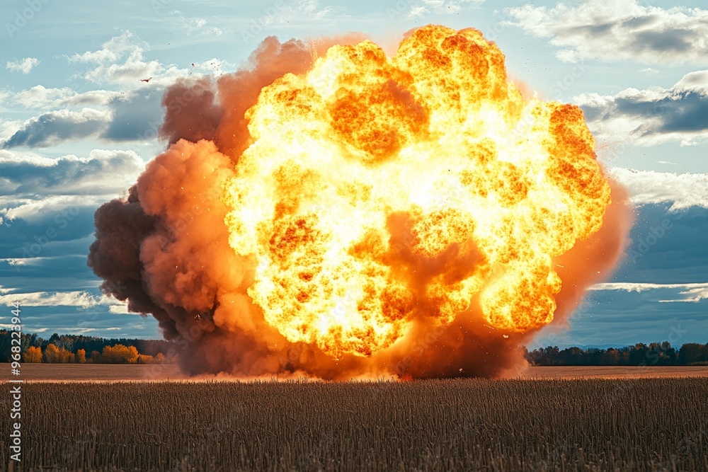 Aufkleber A huge fireball explosion occurs in an open field, with clouds in the sky. The scene captures the intensity and magnitude of the blast with vibrant colors and dynamic motion.