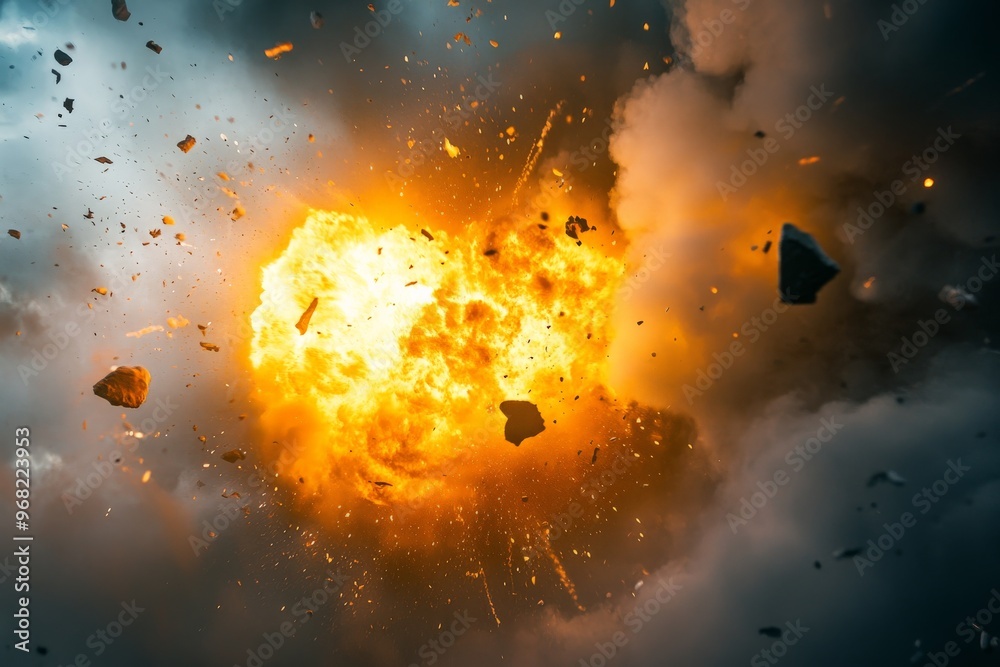 Poster An explosive burst creates a fiery spectacle with flying debris amidst dark clouds. The vivid display of light and motion captures the sheer power and chaos of the event.