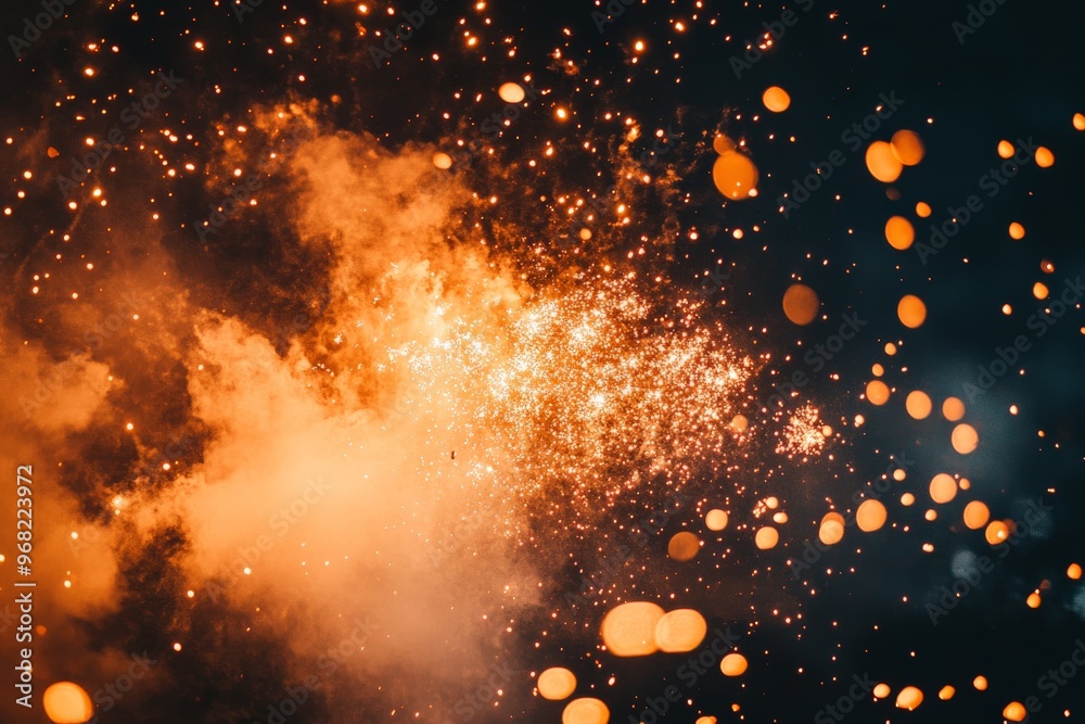 Aufkleber an explosion captures glowing particles flying amidst swirling smoke. the image highlights the brigh
