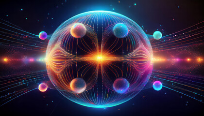Colorful quantum computing concept with particles interacting inside a sphere and generating bright lights