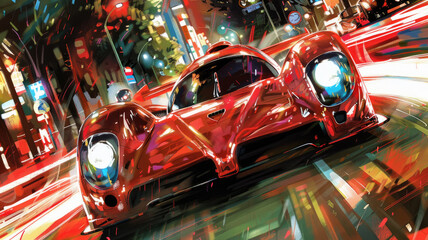 A sleek red sports car speeds down a bustling city street at night, surrounded by colorful blinking lights