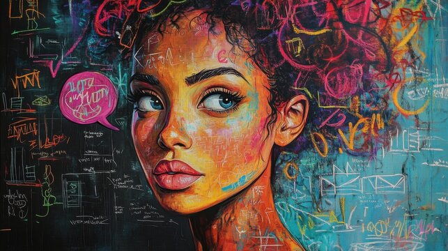 an imaginative poster with a vibrant portrait of a woman, complete with a speech bubble, doodles, equations, and witty remark
