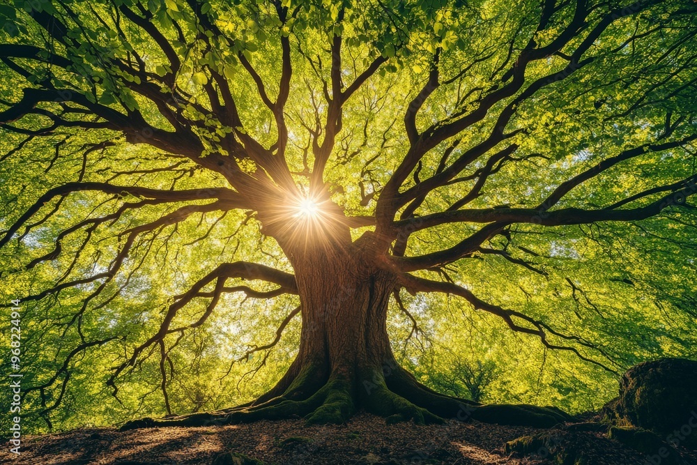 Poster the grand ancient tree spreads its wide branches, with golden sun rays beaming through, casting a ma