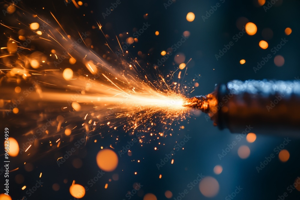 Aufkleber Fiery particles burst out dynamically from a close-up of a spark, creating a captivating and energetic display that emphasizes the raw power and intensity of fire in motion.