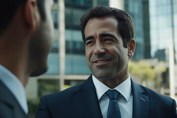 Fototapeta premium A Businessman in a Blue Suit Smiles and Looks at Someone Off-Camera