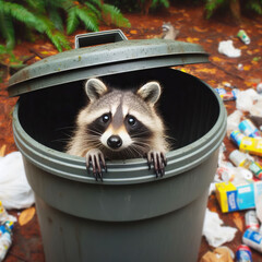 Raccoon in trash can with garbage in background