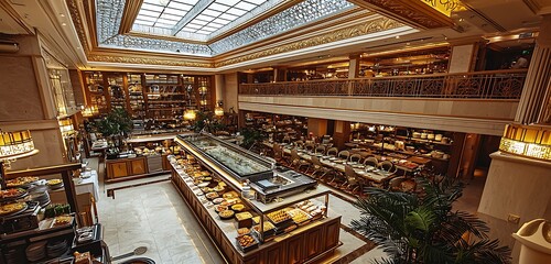 Elaborate hotel buffet restaurant with skylight natural lighting and luxurious decor.